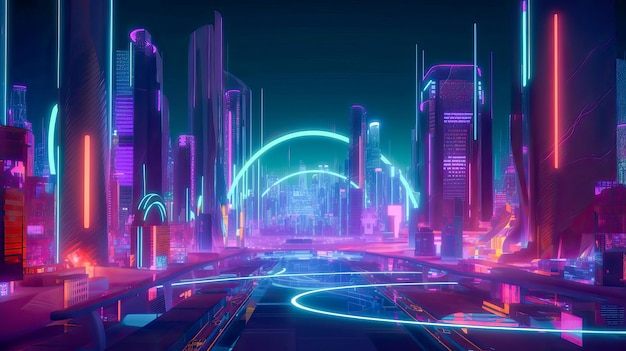 Uma cidade com luzes neon e um fundo azul e roxo