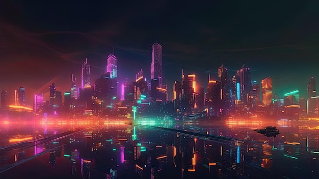 Uma cidade com luzes neon e um reflexo de uma cidade