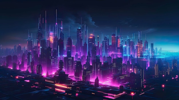 Uma cidade com luzes neon e uma paisagem urbana roxa