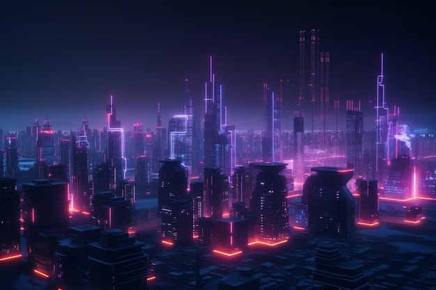 Uma cidade com luzes neon e uma paisagem urbana roxa.