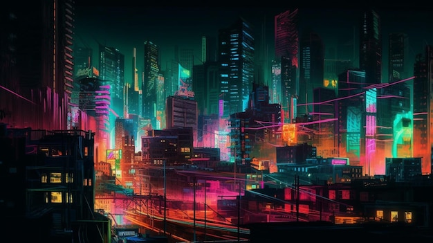 Uma cidade com luzes neon e uma placa que diz 'cyberpunk'