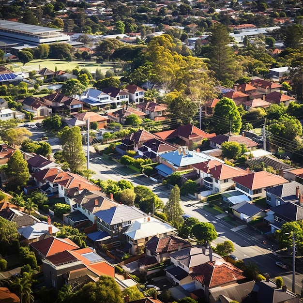 uma cidade com muitas casas e árvores ao lado