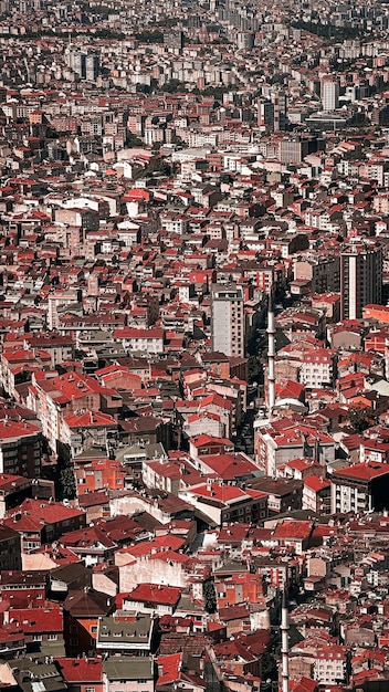 uma cidade com muitos edifícios e um telhado vermelho