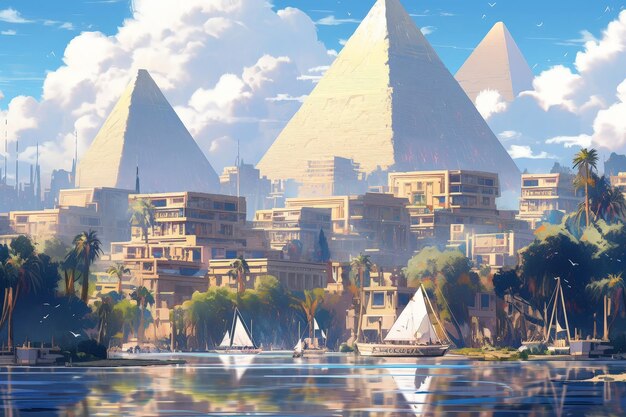 Uma cidade com pirâmides e barcos.