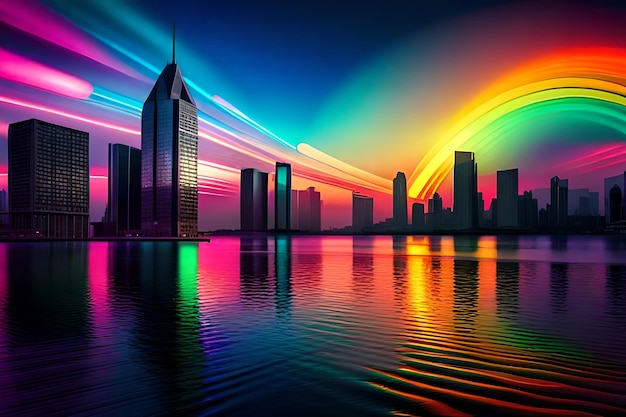 Uma cidade com um arco-íris no céu