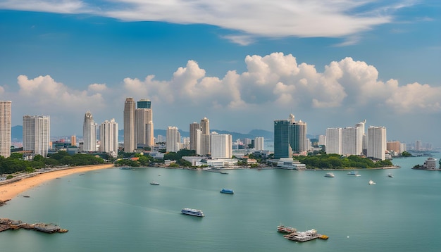 uma cidade com um barco na água e uma cidade no fundo