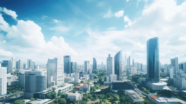 Uma cidade com um céu azul e nuvens