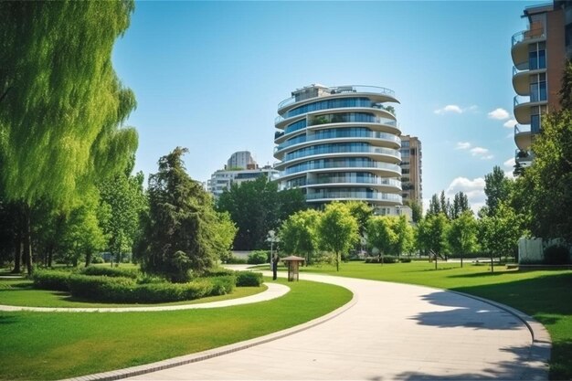 uma cidade com um gramado verde e um edifício com um parque ao fundo