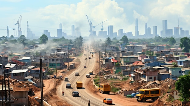 uma cidade com um grande edifício ao fundo.