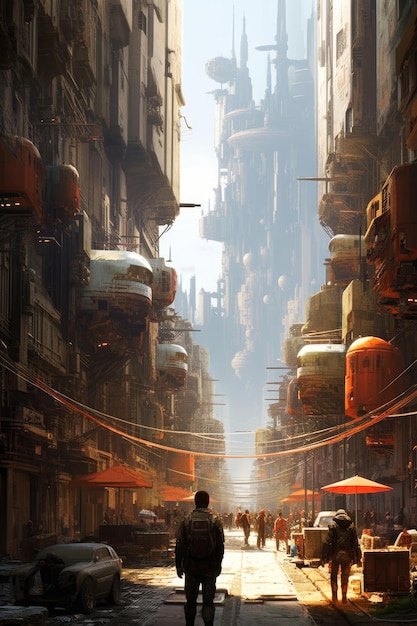 Uma cidade com um homem andando na rua