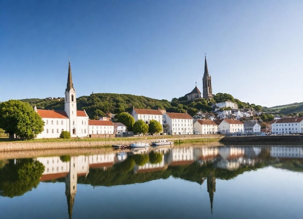 Foto uma cidade com um lago e uma igreja ao fundo