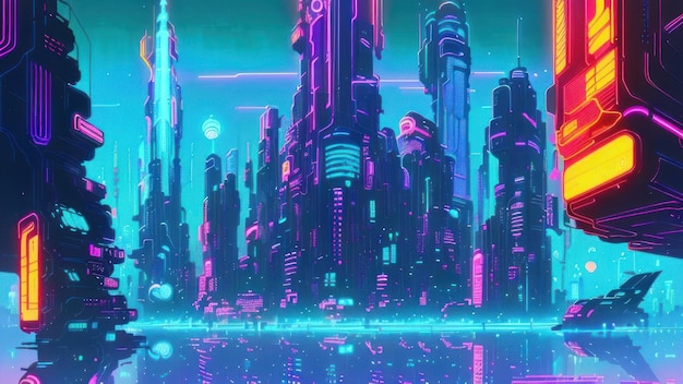 Uma cidade com um letreiro de néon que diz 'cyberpunk'