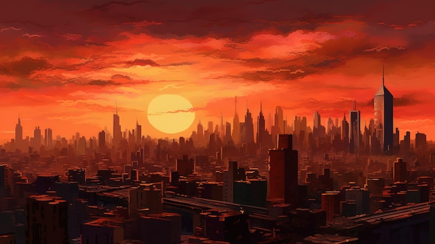 Uma cidade com um pôr do sol ao fundo