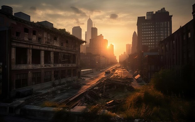Foto uma cidade com um pôr do sol ao fundo