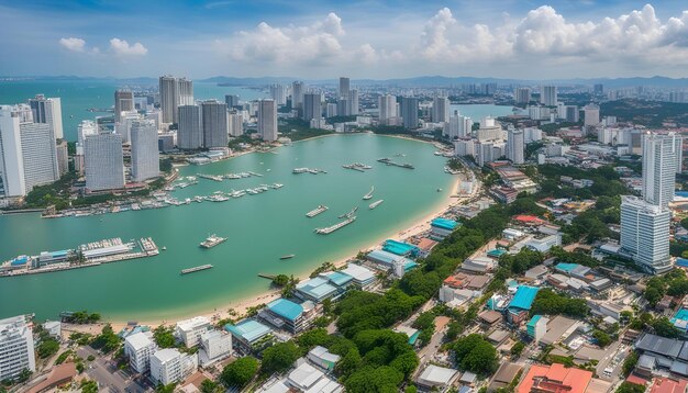 uma cidade com um telhado azul e alguns barcos na água