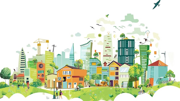 uma cidade com um telhado verde e um horizonte da cidade