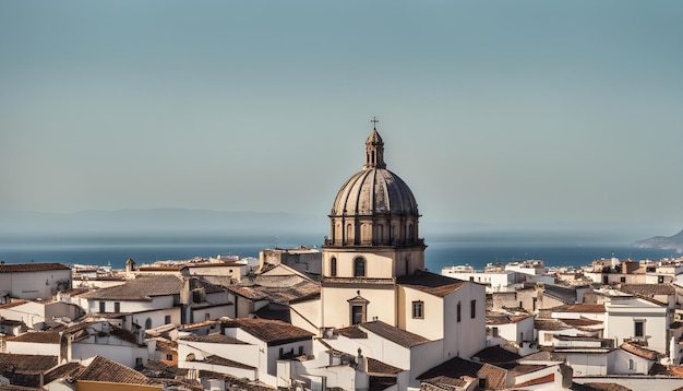 uma cidade com uma cúpula e uma igreja no topo dela