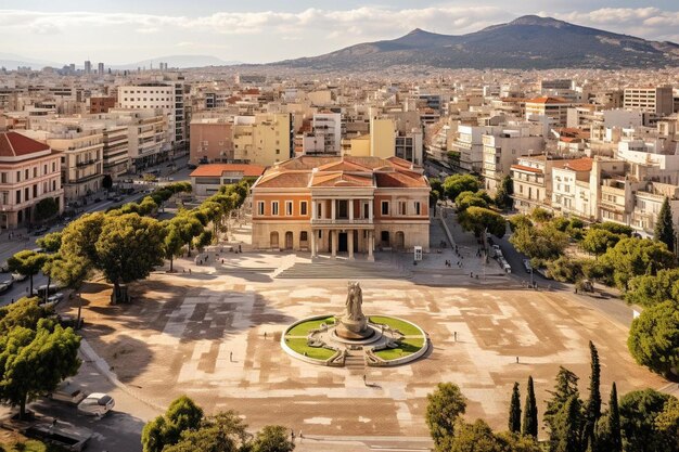 Uma cidade com uma grande fonte no meio dela