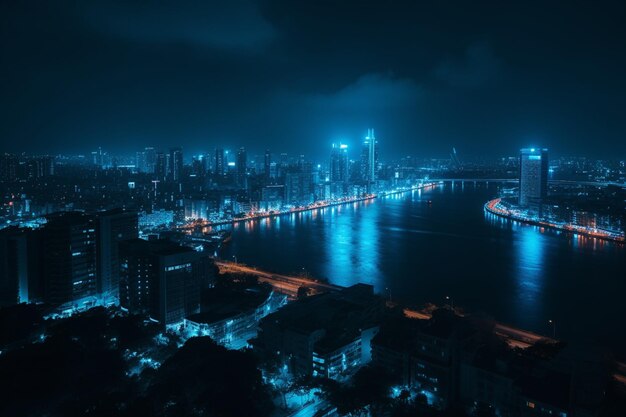 Uma cidade com uma luz azul no meio