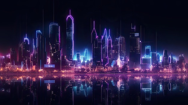 Uma cidade com uma luz neon e uma paisagem urbana ao fundo