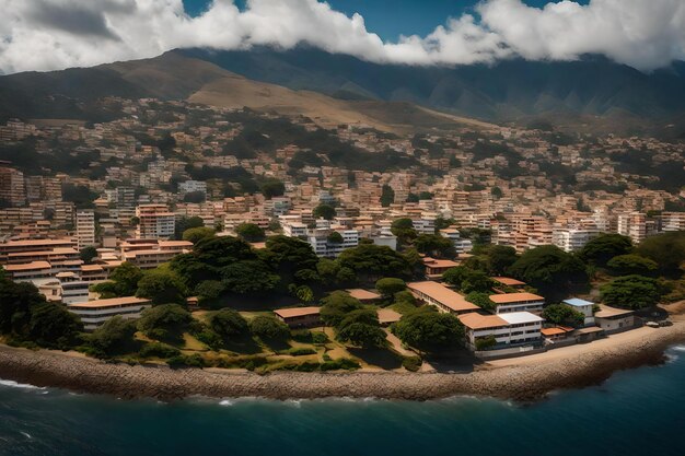 Uma cidade com uma montanha ao fundo e uma cidade ao fundo.