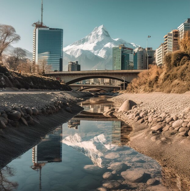 Uma cidade com uma montanha ao fundo