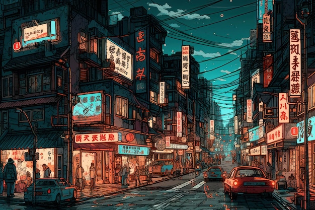 Uma cidade com uma placa que diz 'cyberpunk'