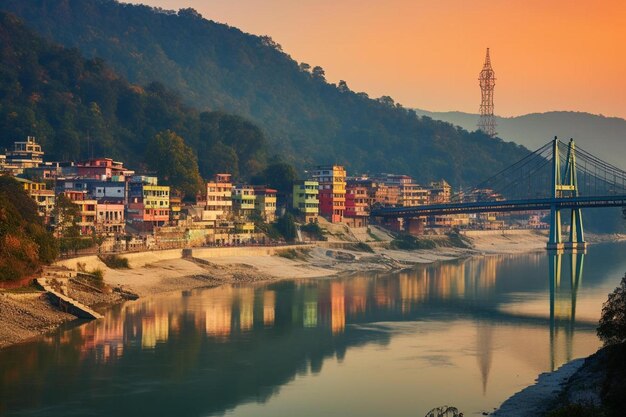 Foto uma cidade com uma ponte e um rio ao fundo