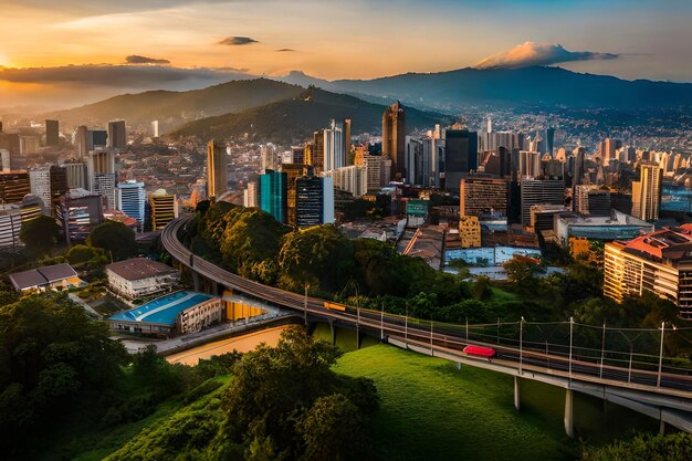 Uma cidade com uma ponte e uma cidade ao fundo.