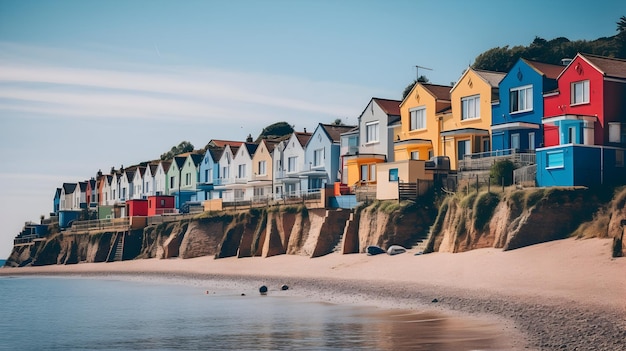 Uma cidade costeira com casas coloridas ao longo da costa