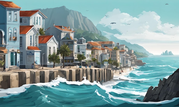uma cidade costeira com níveis de água subindo design de arte digital