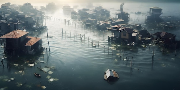 Foto uma cidade costeira engolida pelo aumento do nível do mar com edifícios submersos