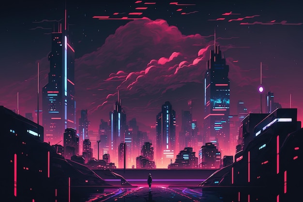 Uma cidade cyberpunk à noite arranha-céus futuristas contra uma noite nublada