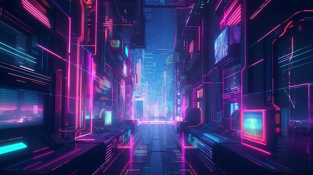 Uma cidade cyberpunk com luzes neon e uma paisagem urbana.
