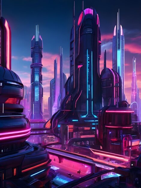 Foto uma cidade de sci-fi de néon com detalhes em 4k