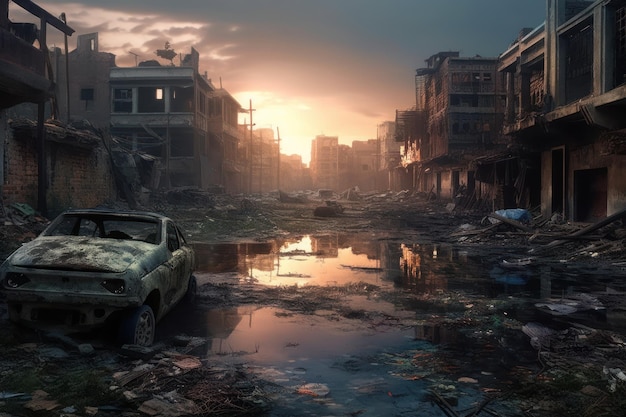 Uma cidade destruída com um carro no meio dela.