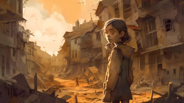 Uma cidade devastada pela guerra com uma criança chorando ilustração de arte digital IA generativa