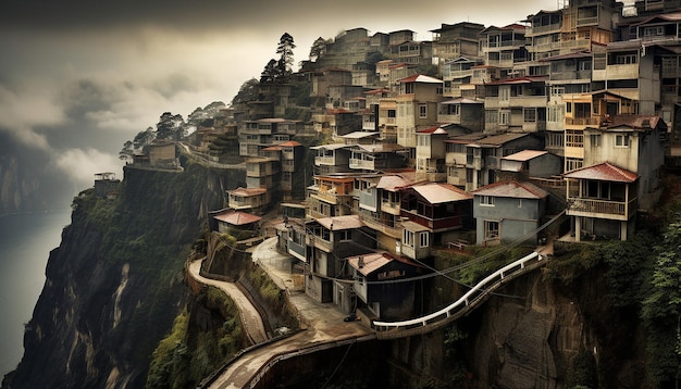 Uma cidade é construída à beira de um penhasco e as casas são inclinadas, mas o povo chinês vive em