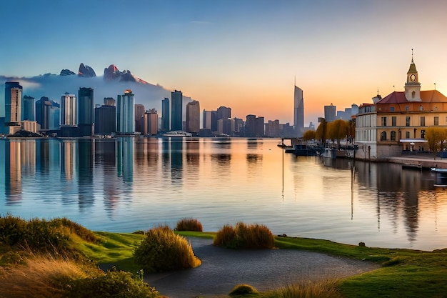 Uma cidade é refletida na água ao pôr do sol.