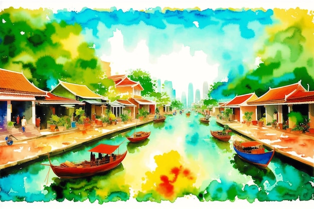Uma cidade em aquarela Cores da Tailândia Pintura em aquarela de uma cidade tailandesa IA generativa