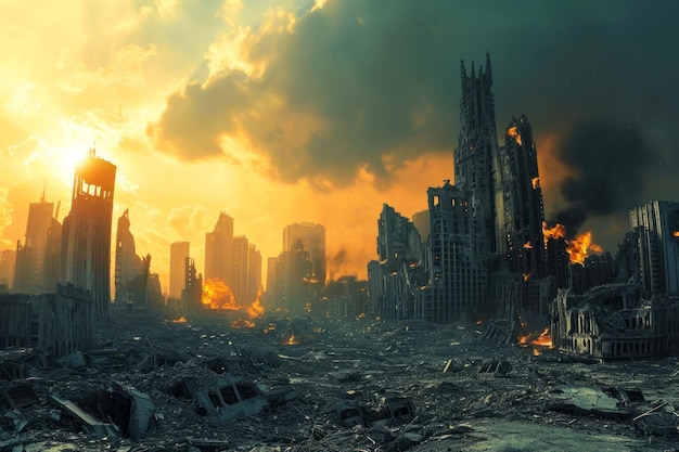 Uma cidade em ruínas, envolta em fumaça e escombros espalhados, retratando as consequências da destruição