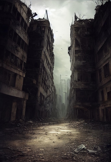 Uma cidade em ruínas pós-apocalíptica. Edifícios destruídos veículos queimados e estradas arruinadas