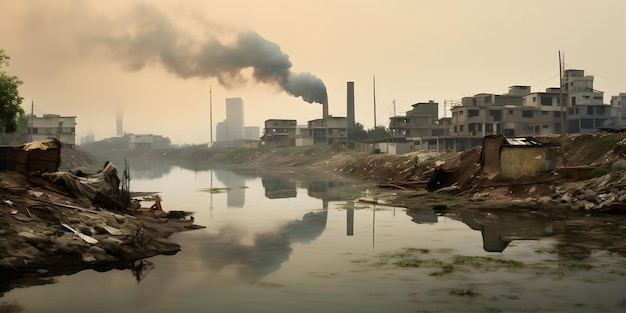 Foto uma cidade envolvida numa névoa de fumaça com vapores tóxicos a subir das chaminés industriais um rio contaminado com resíduos químicos e uma terra estéril salpicada de aterros de lixo
