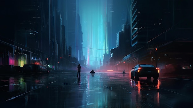 Uma cidade escura com um carro na estrada e um homem caminhando ao fundo