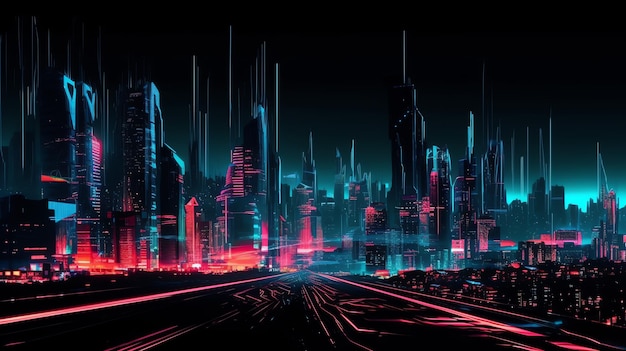 Uma cidade escura com uma cidade neon ao fundo