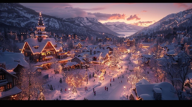 uma cidade está iluminada com uma montanha coberta de neve ao fundo