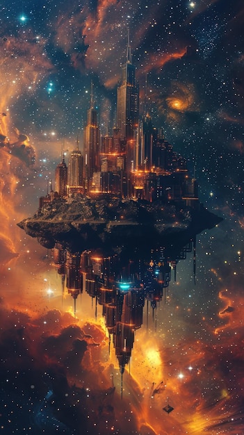 Uma cidade flutuante no espaço com uma bela nebulosa ao fundo