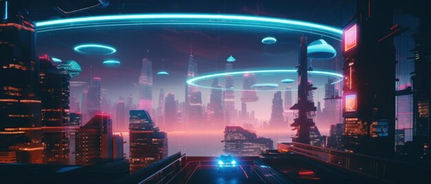 Uma cidade futurista à noite com luzes de néon Imagem gerada por IA