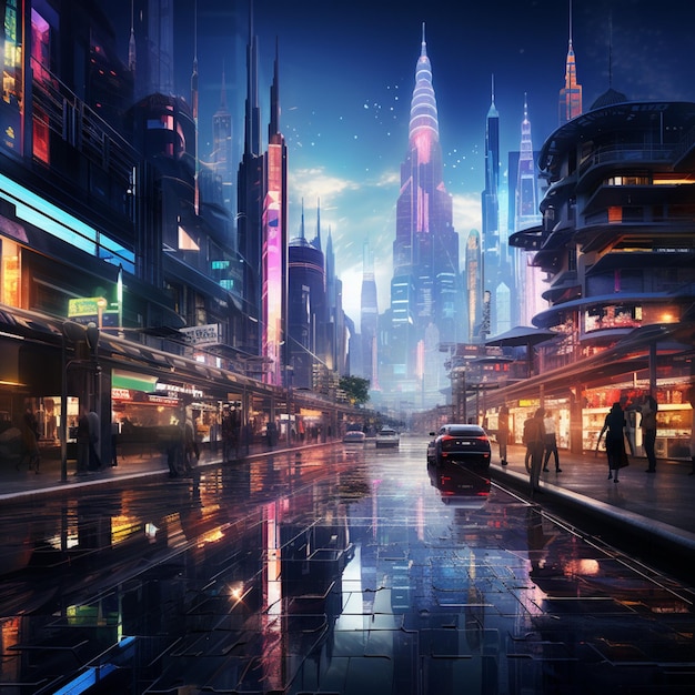 Uma cidade futurista com arranha-céus de vidro e luzes de néon Generative AI