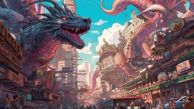 Uma cidade futurista com dragões empoleirados nos arranha-céus Conceito de fantasia Ilustração pintura Generative AI